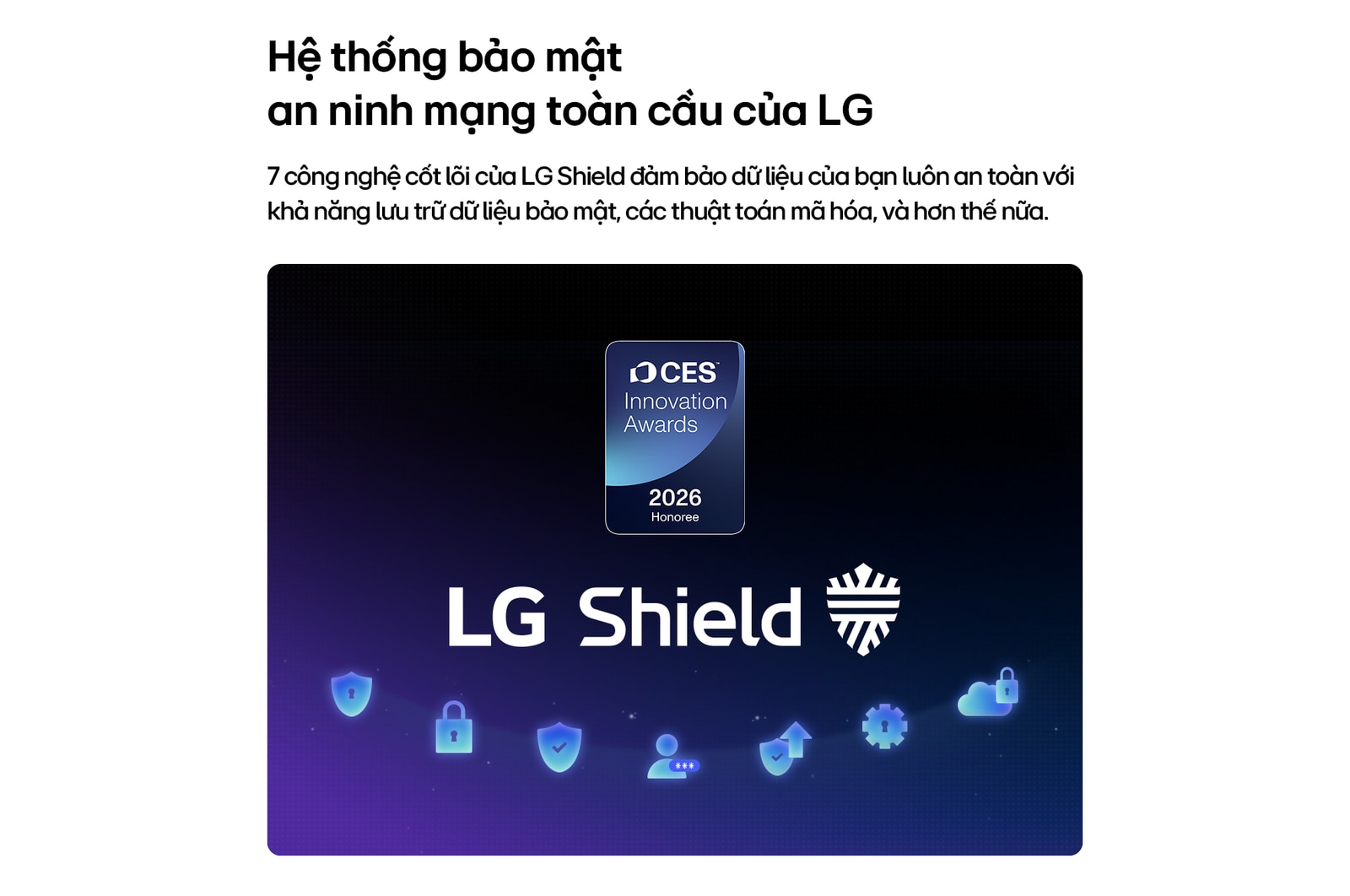 LG Shield, applied to LG Mini RGB evo AI MRGB85, is shown with an LG Shield logo at the center, security icons below, and a 2026 CES Innovation Awards Honoree badge above, representing data and system protection. 